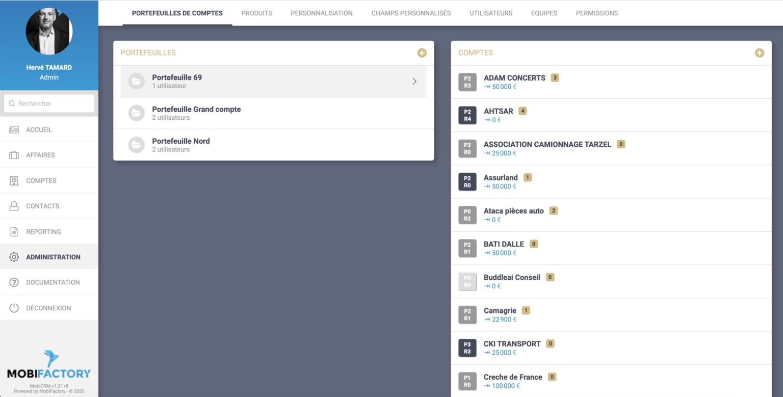 Gestion des portefeuilles dans la section administraton